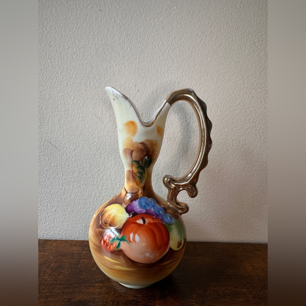 Vintage Enesco E2350 Porcelain Pitcher Vase Hand Painted Fruit Gold Handle Japan